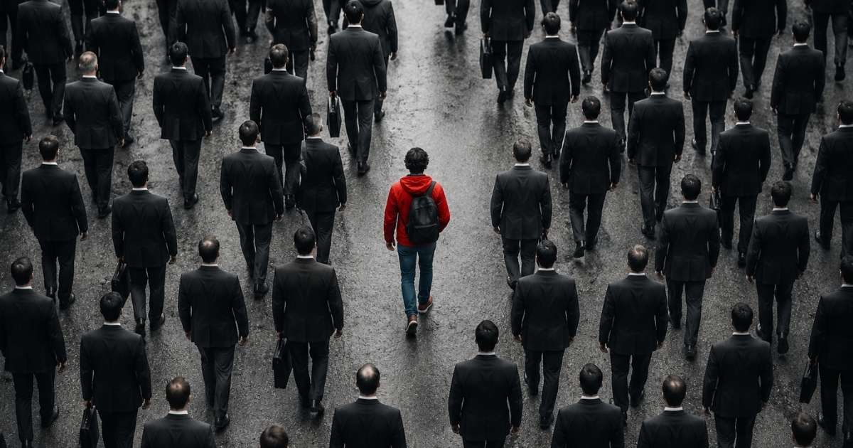 A crowd of identical people in gray suits walking one direction while one person walks the opposite way in color
