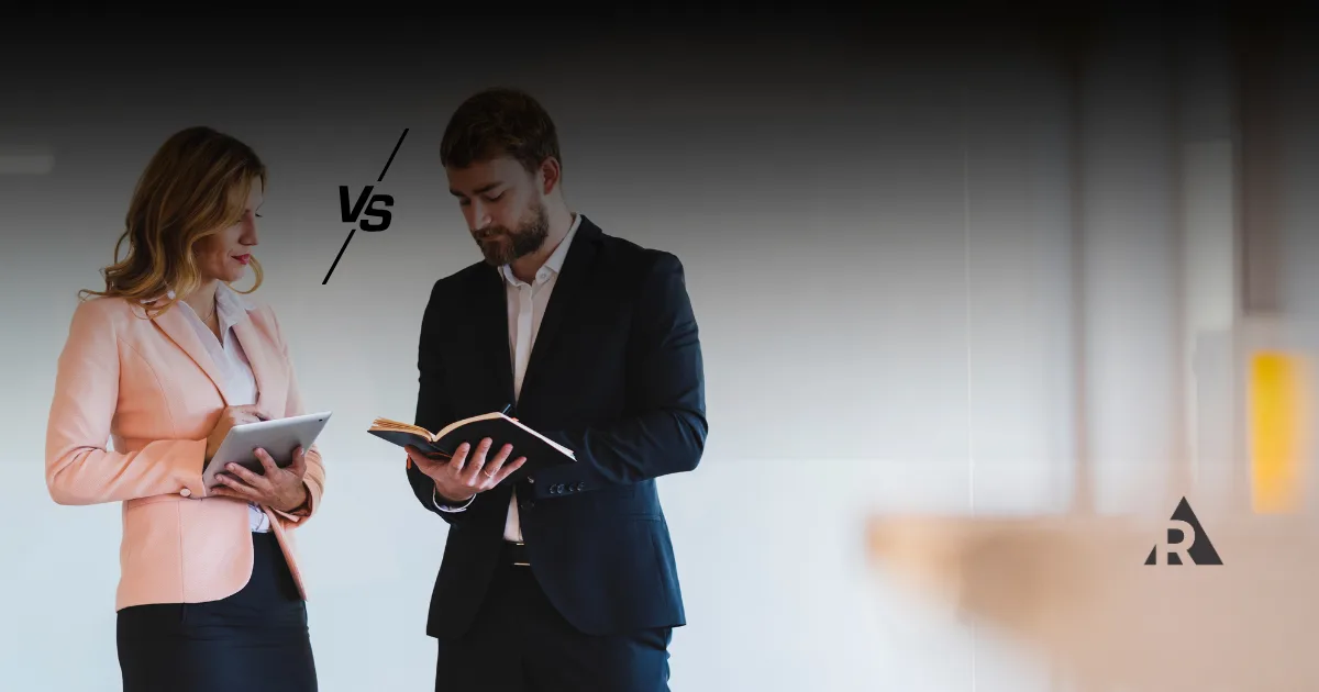 two business people together with a V/S between the two