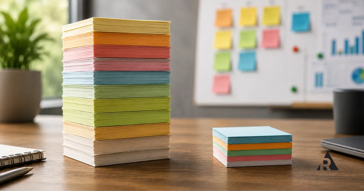 task cards on a desk with one large stack and one smaller stack representing different levels of work planning