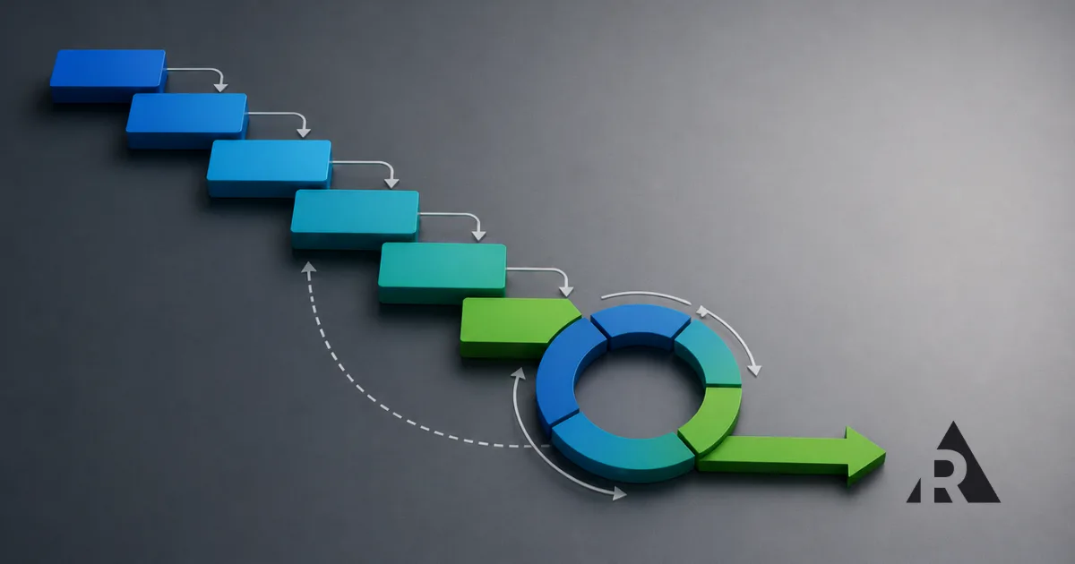 illustration showing a waterfall-style process transitioning into an iterative Scrum cycle