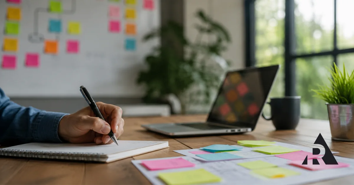 Workspace with sticky notes, laptop, and planning materials illustrating Scrum artifacts in a real-world project setting.