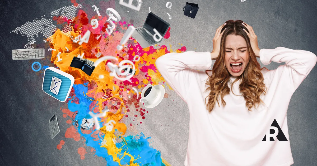 Stressed woman overwhelmed by distractions, illustrating how stress impacts creativity and focus.