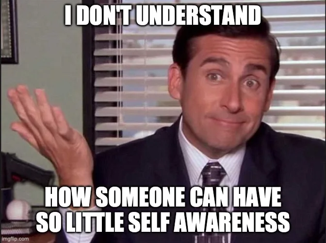 The quote "I don't understand how someone can have so little self awareness" with a picture the of a character know for his lack of self-awareness, Michael Scott, from the TV Show "The Office"