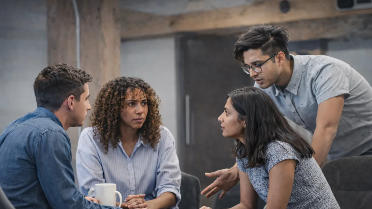Four coworkers in a tense discussion during a team meeting