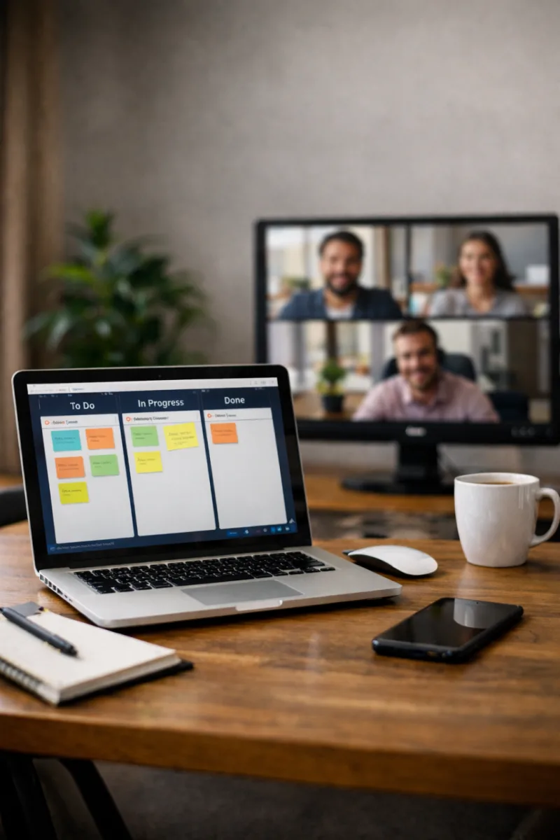 Laptop with digital task board and remote team video call on screen.
